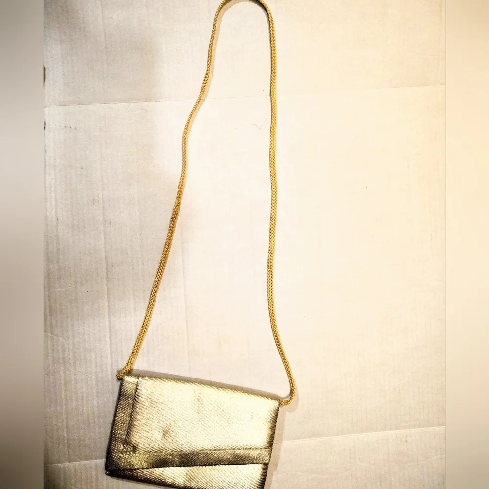 Metallic Gold Purse, Snap Shut And Open Compartment With Pocket, Strap - Picture 3 of 7